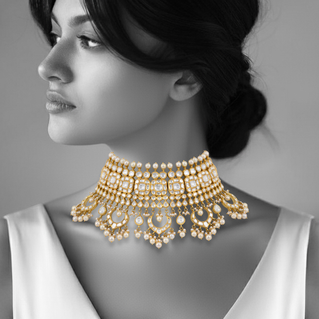 Regal Polki and Pearl Choker Necklace